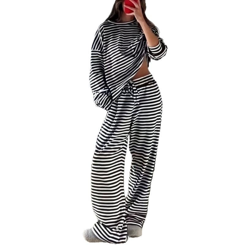 Europäische und amerikanische Damenbekleidung beliebt 2025 Herbst gestreiftes Langarmtop High-Waist-Hose Damenmode legerer Anzug