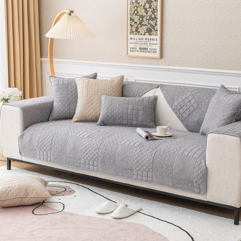 Nordic Simple Solid Color Quilted Sofa Cushion Four Seasons Pure Cotton Fabric Anti-slip Cushion Universal Modern Sofa Cover