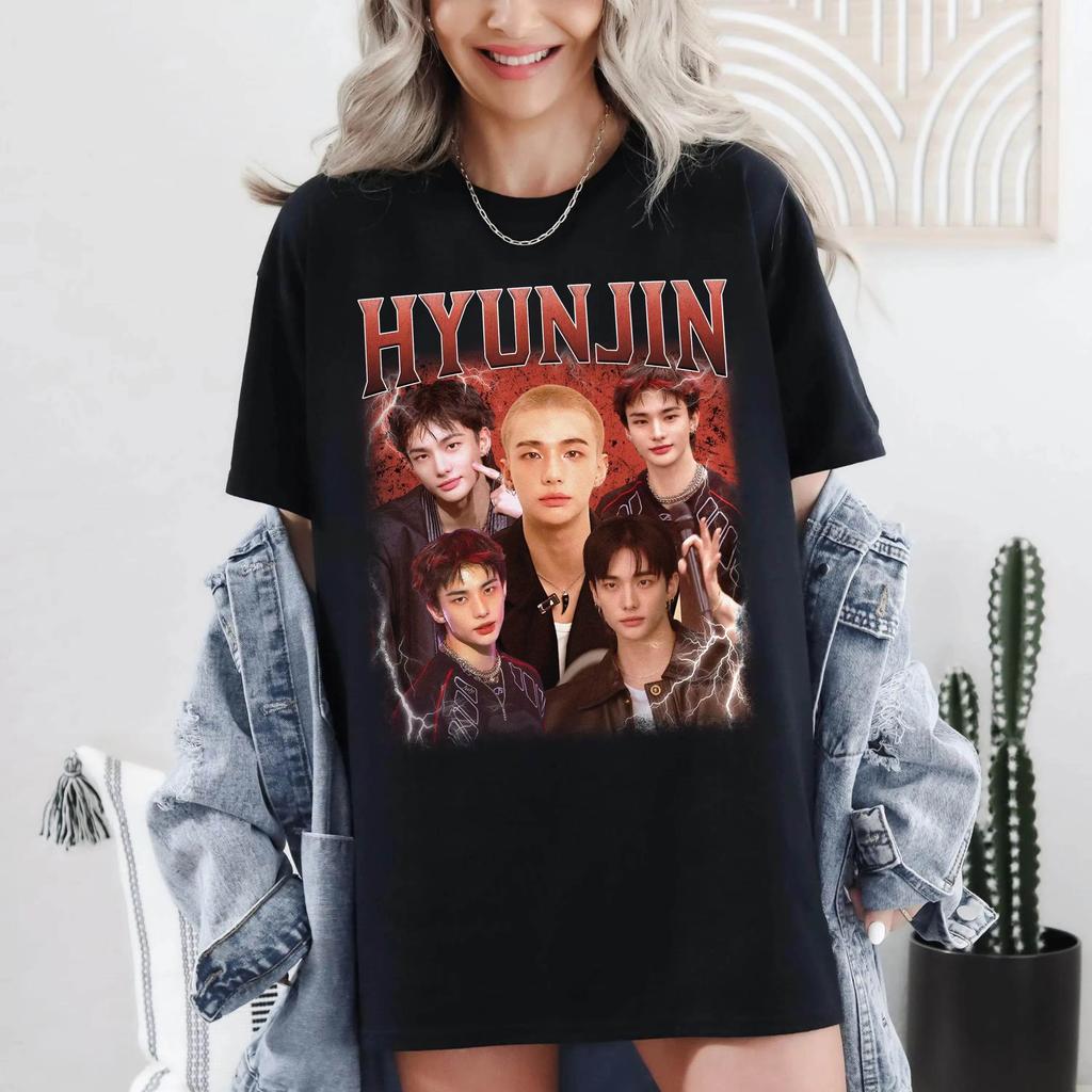 2026 Summer Hot Sale  Hyunjin Stray Kids Printed T-shirt Unisex Streetwear Round Oversized T-shirt Fashion Trendy Print Crew Neck Casual T Shirt