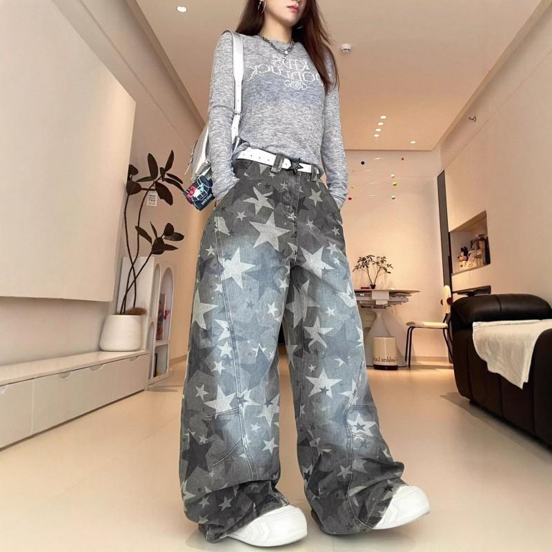 Unisex Retro Star Print Camo Denim Pants High-Waisted Wide Leg Straight Fit Loose Cargo Style Jeans