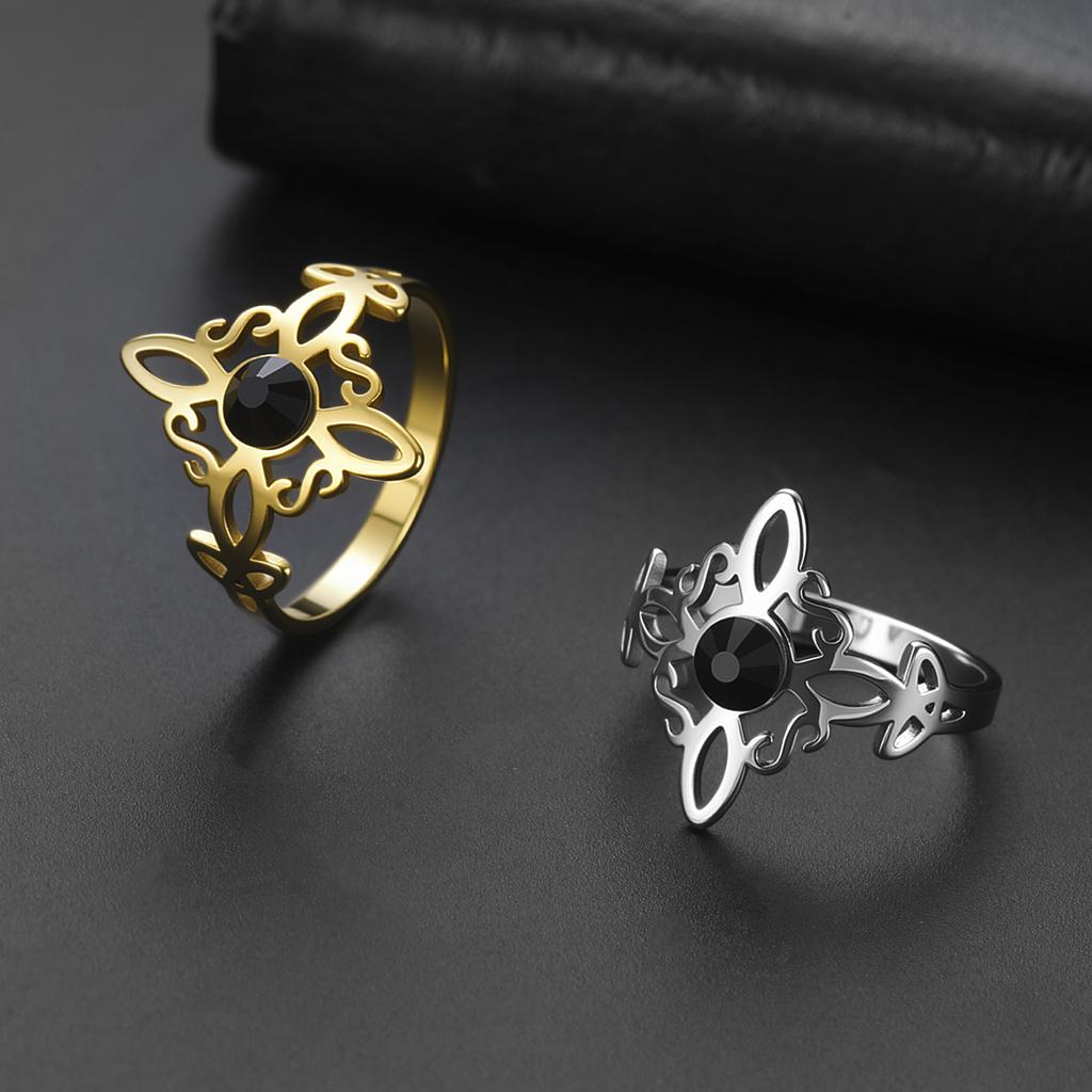 Dreamtimes Witches Knot with Black Ziron Ring Celtic Trinity Knot Stainless Steel Jewelry Gifts for Women