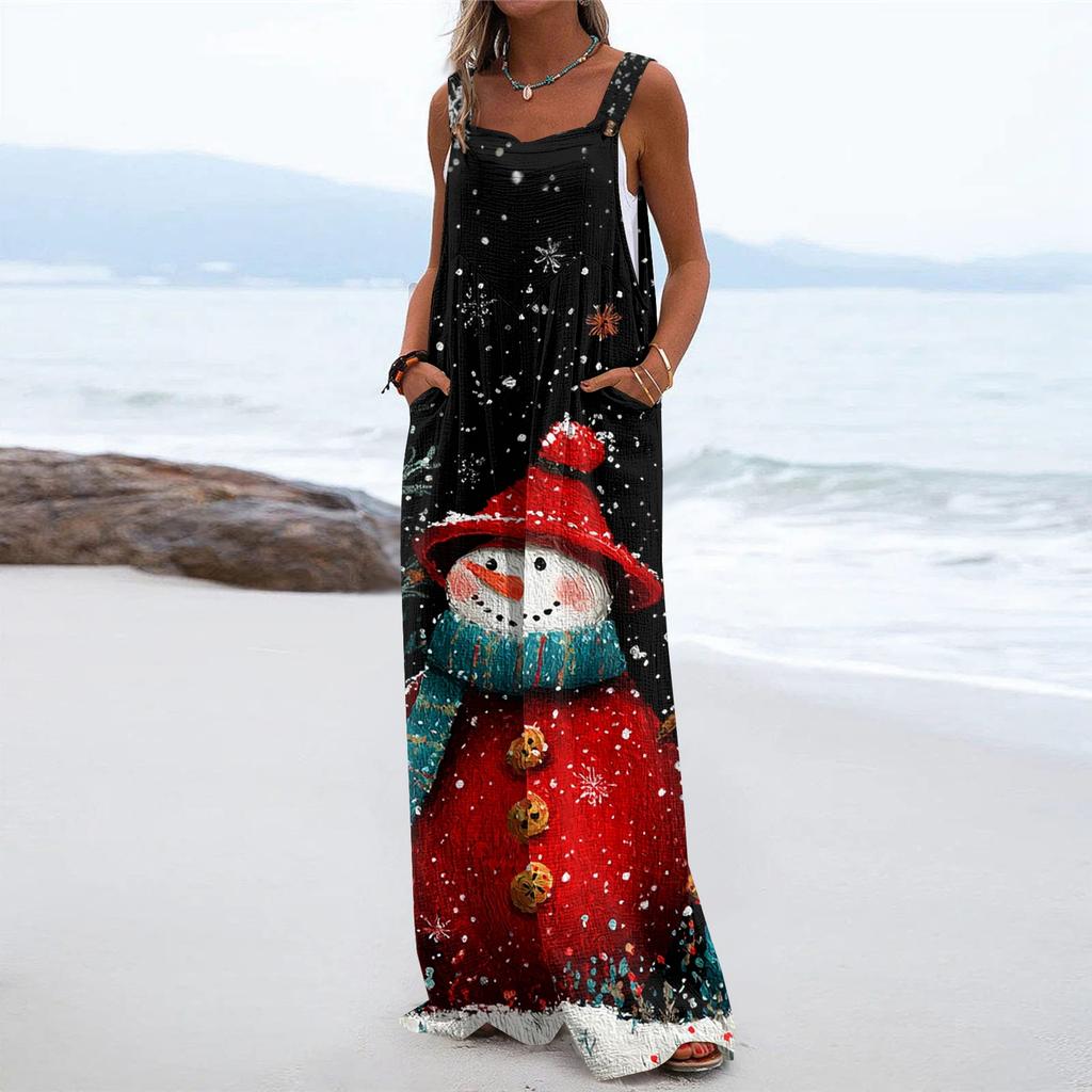 Women's Christmas Print Solid Wide Leg Strapless Tank Pocket Casual Onesie