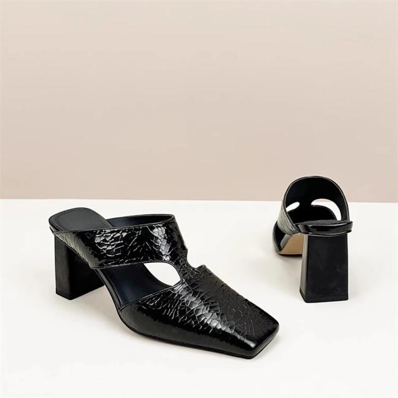 Mote Nye Pumps Damesandaler Ute Naturlig Skinn Sprekket Tøfler Kvinnelig Mote Firkantet Tå Mules Høy Hæl Slides Sko