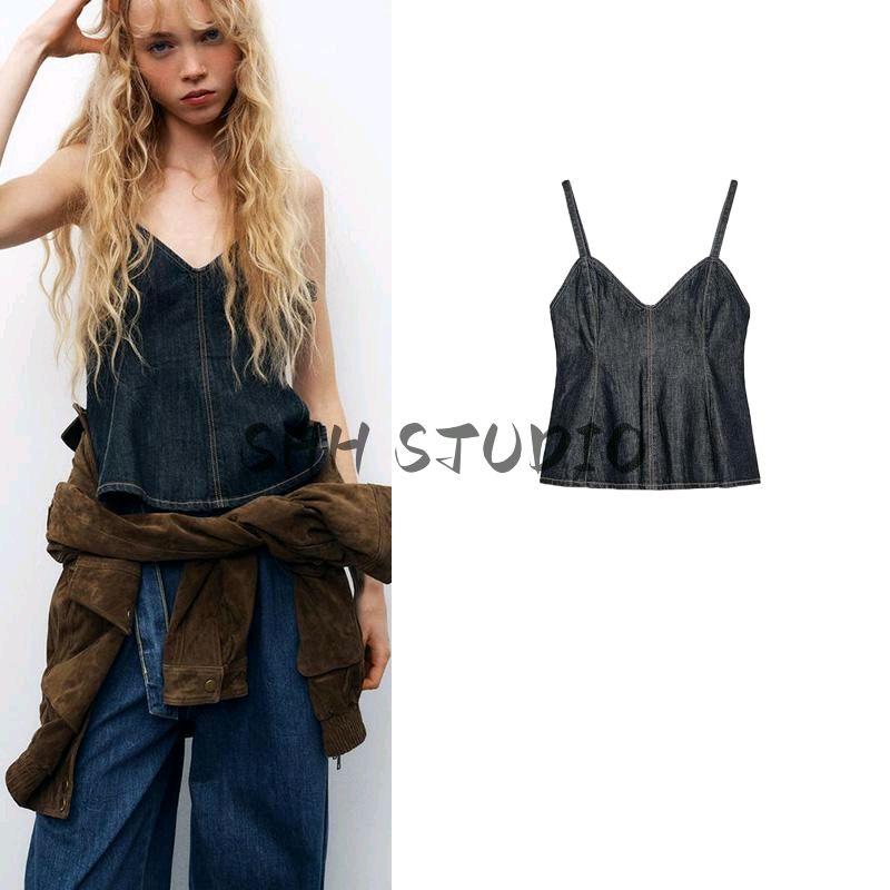 Spring New Women clothes French style Pure Desire Wind Wave Wide Swing V-neck Fine Sling Denim Top 8197064