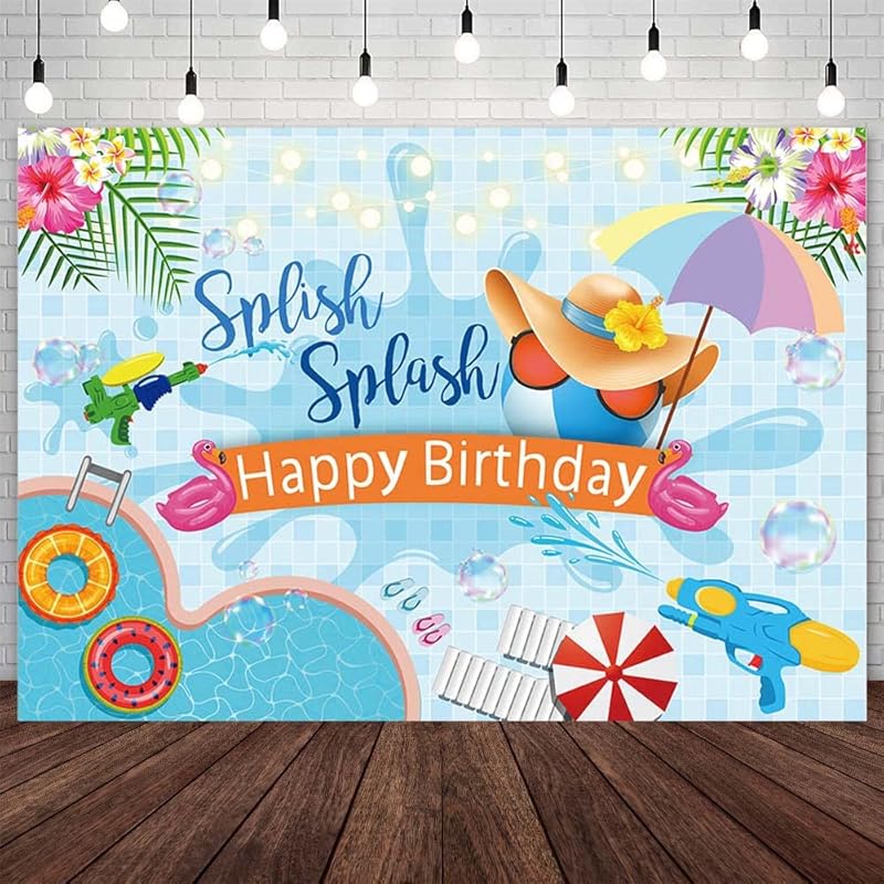 7x5ft Summer Birthday Backdrop Splish Splash Pool Party Decorations Supplies Water Gun Florals Birthday Hawaiian Holiday Party Banner Photo Studio 7x5ft(82x60 inch)
