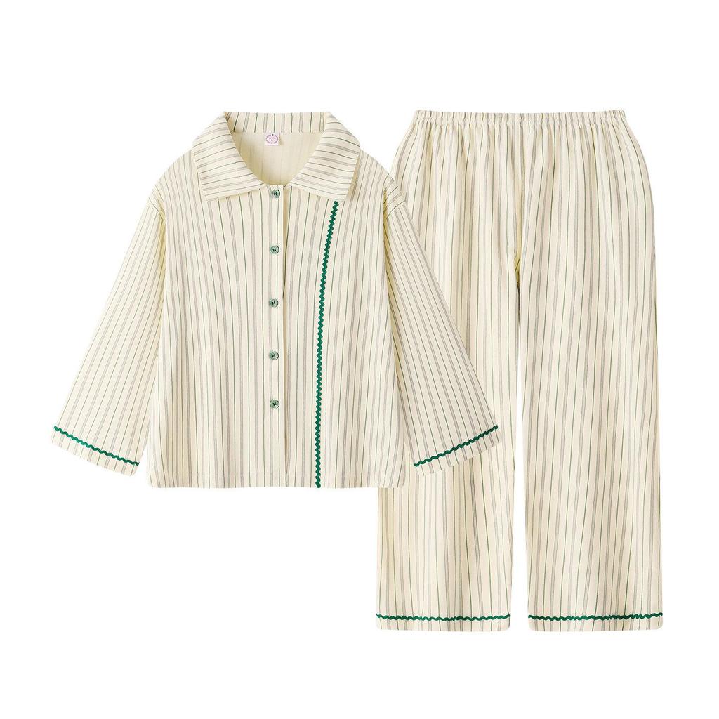 Women's Pure Cotton Striped Long-Sleeve Pajamas Set for Spring/Autumn, Wear Indoors or Out, Customizable Design Available.