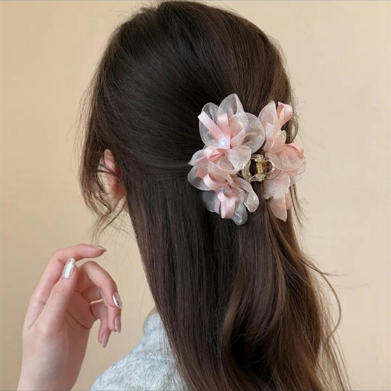 Retro Mesh Double Flower Hair Clip for Woman Sweet Pearl Bow Shark Clip Fashionable Girl's Back Head Hair Clamp