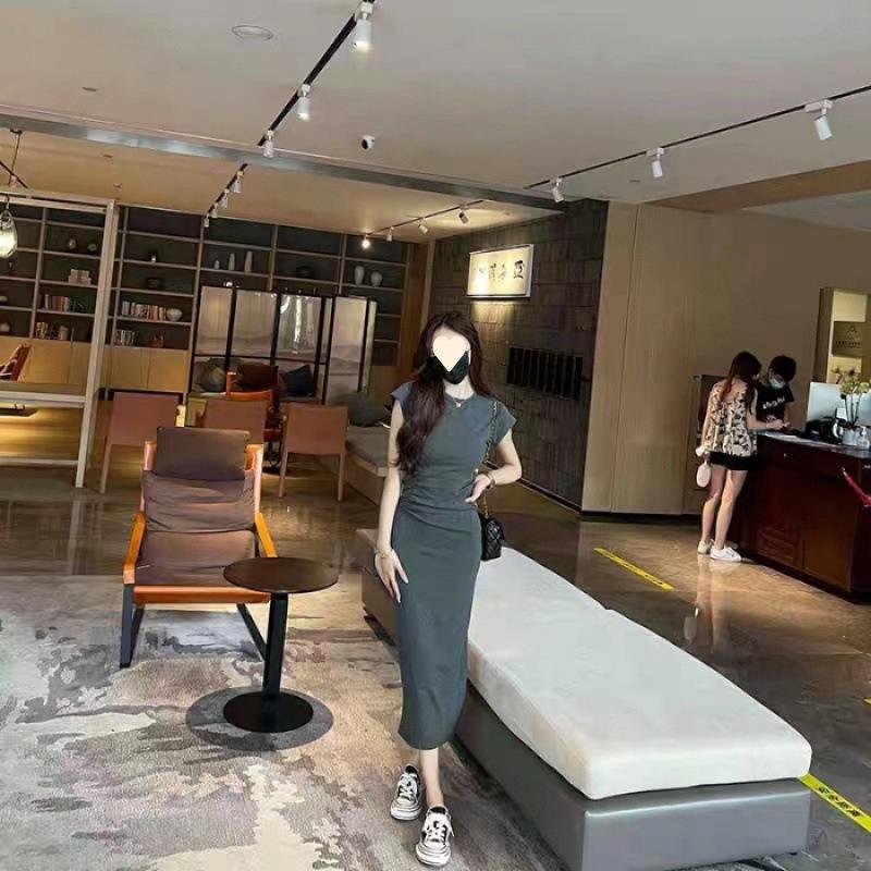 

Casual short-sleeved T-shirt dress women s summer new imperial sister light mature wind waist thin temperament long skirt S