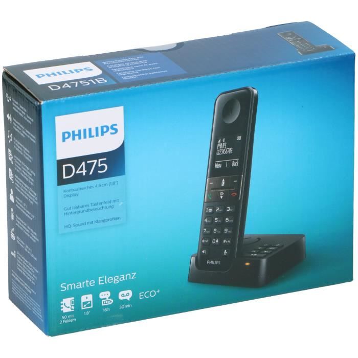 Téléphone sans fil DECT Philips D4751B - 2 combinés - écran 4,6 cm - répondeur intégré