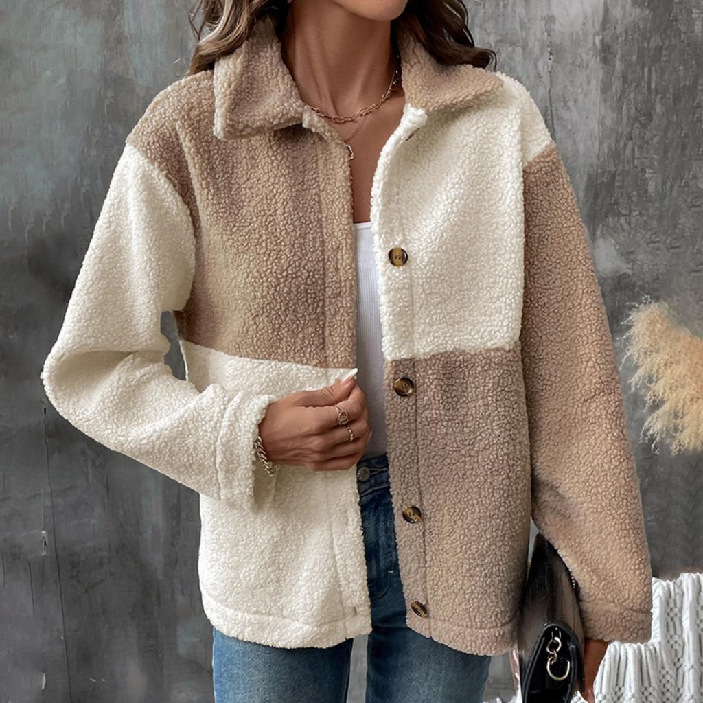 2025 New Autumn Winter Women's Thickened Color Block Single Breasted Lapel Casual Coat for Europe and America