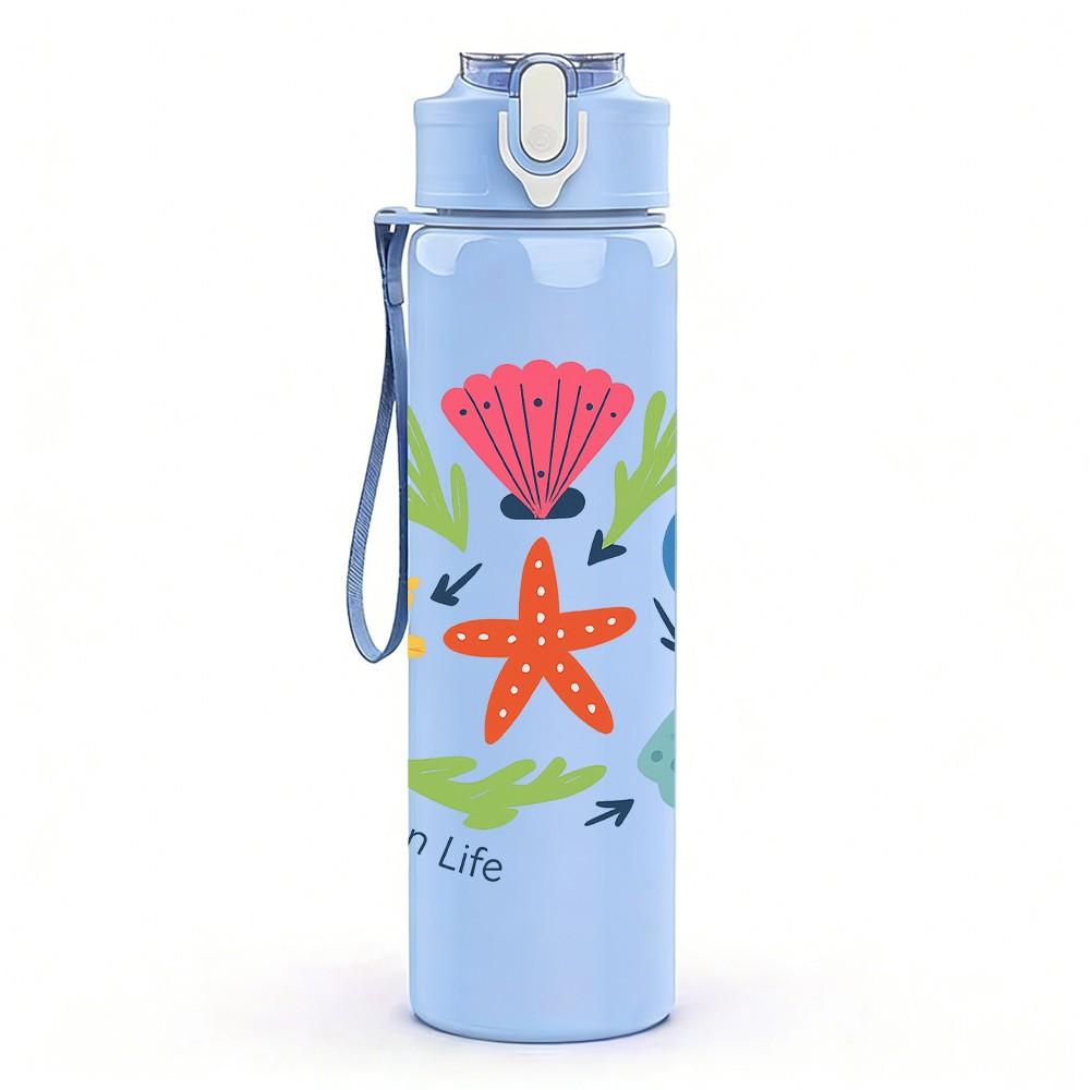 1PC Ocean Shell Starfish Scene 750ml Color Plastic Sports Water Bottle Leakproof Flip Straw Lid Suitable for Sports Office Home Use
