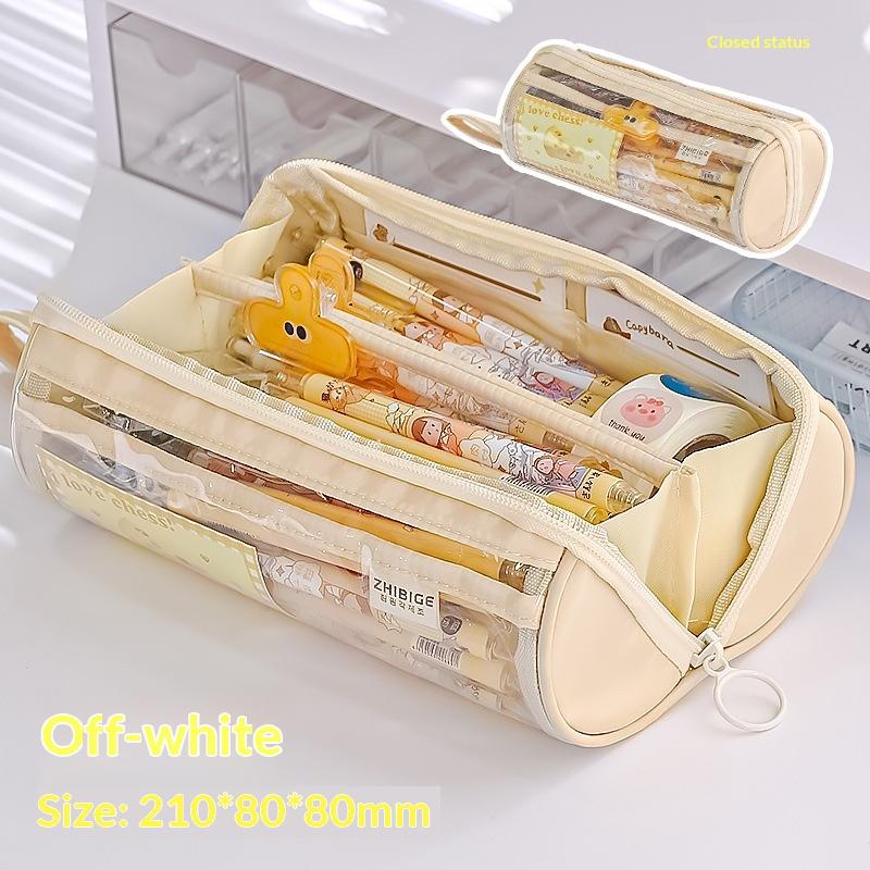 Transparent Large Capacity Cylinder Pencil Case Ring Zipper Stationery Organizer Bag for School Supplies бежевый