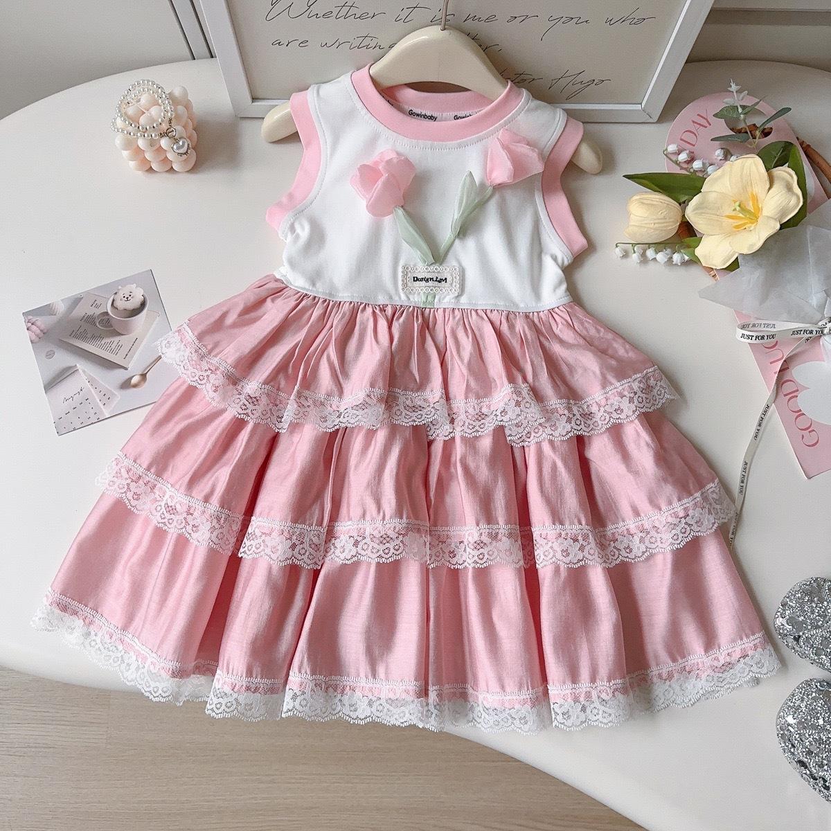 Summer Girls Sleeveless Dress With 3D Flowers Sweet Tiered Cake Skirt Stylish Princess Party Dress For Kids 90cm