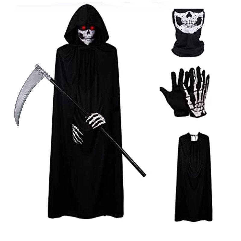Set Costume Mietitore di Ossa di Halloween con Mantello Nero, Mantellina e Falce per Bambini e Adulti