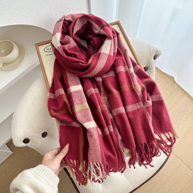 Autumn and winter double-sided color matching plaid fringed scarf, simple and versatile warm scarf for men and women, birthday gift