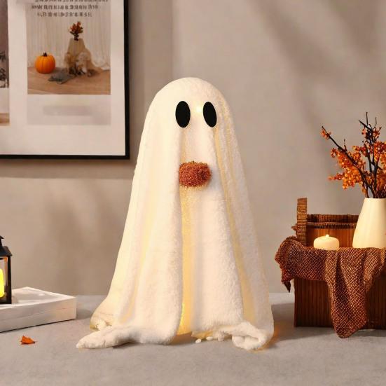 Light-Up Sherpa Ghosts with Pumpkin Cute Ghost Tabletop Decoration for Halloween Indoor Home Kitchen Fireplace Decor