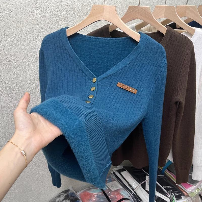One-piece Fleece-neck Sweater for Women's Autumn and Winter New Fleece Thickened Slim-fitting Solid-color Knitted Bottoming Top