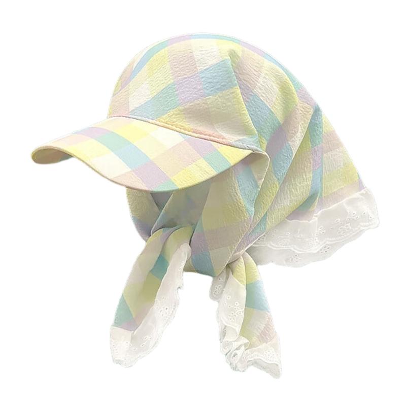 Simple Plaids Head Wrap Hat for Women Soft Lace Trims Headscarf Hat for Female Teens Daily Wear and Social Gatherings