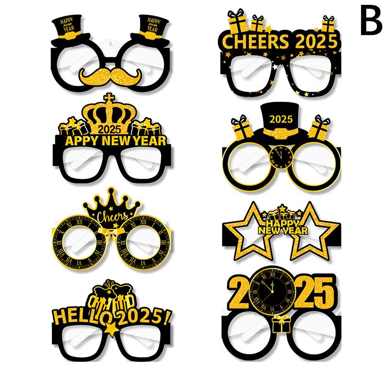 8pcs Happy New Year Paper Glasses 2025 Eyeglasses Frame Photo Booth Props New Year's Eve Party Decoration Christmas Supplies