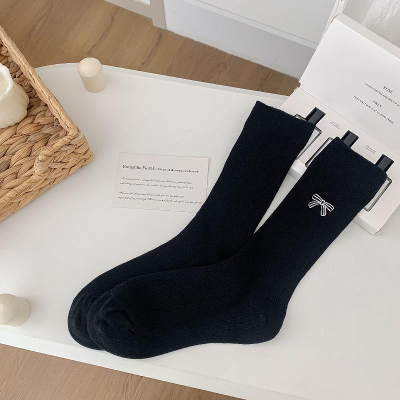 Gray Pile Socks - Spring and Autumn Embroidered Bow Tie Socks - Children's White Double-needle Cotton Socks - Boneless Mid-calf Socks