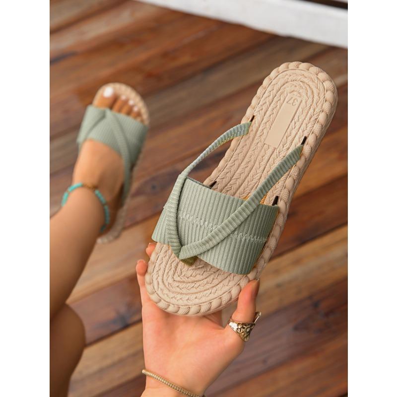 Flat bottom toe straw herringbone light slippers women's summer new large size casual cool slippers