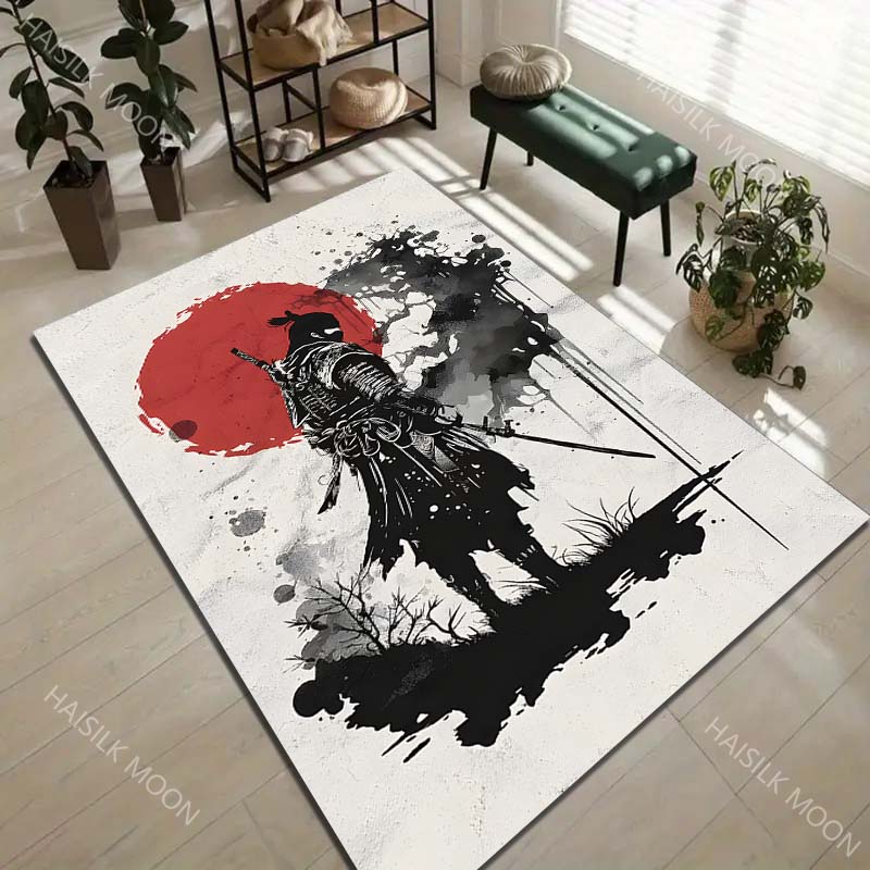 Samurai and Red Sun Ink Painting Print Carpet Rug for Living Room Bedroom Sofa Doormat Home Decor Non-slip Floor Mat