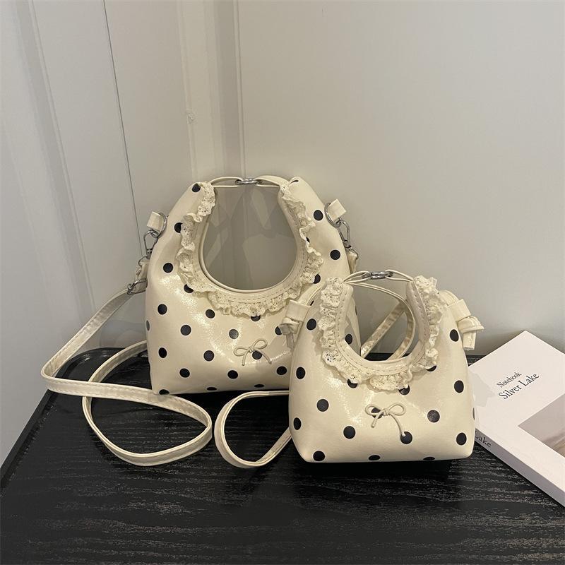 Polka Dot PU Leather Bag with Detachable Strap Lace Ruffled Handle Cute Bow Casual Purse for Daily Use