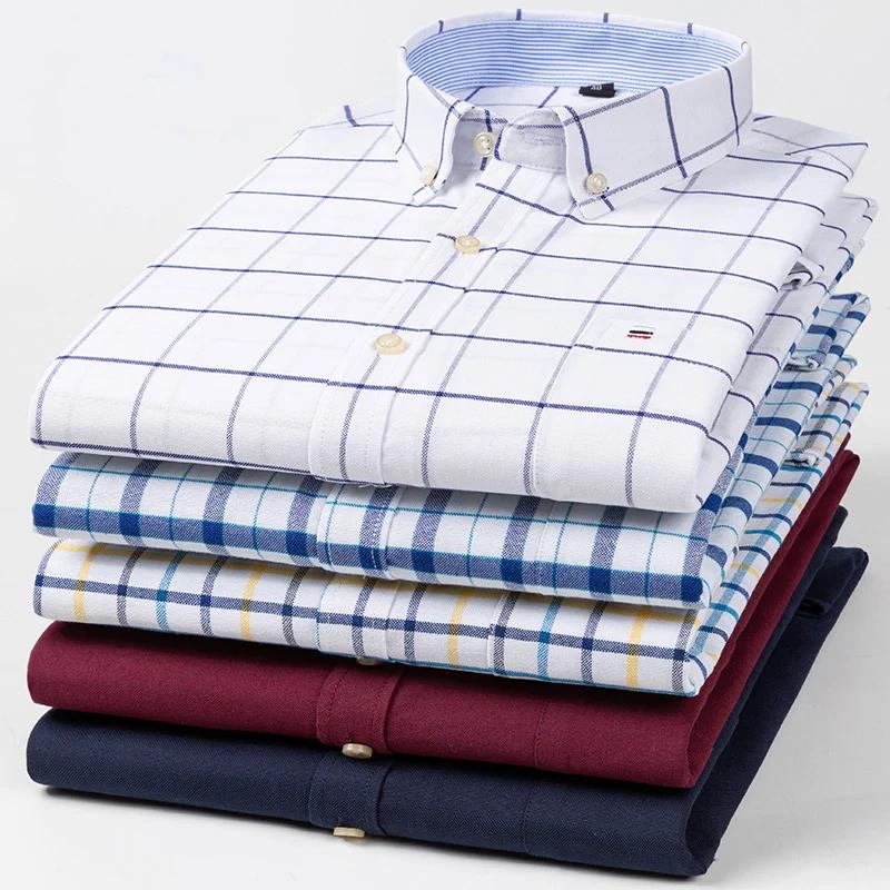 Camisas Oxford de Algodón 100% Puro para Hombre Manga Larga Camisa a Cuadros Rayada Masculina Negocios Tartán Camisa Roja Ropa de Diseño para Hombre