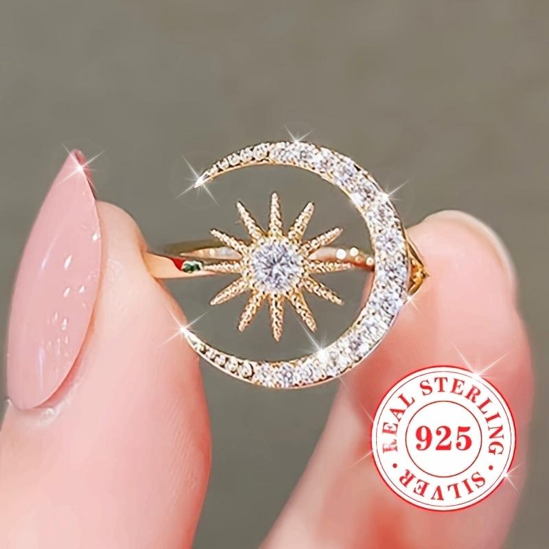 925Pure Silver Shiny Synthetic Zircon Star and Moon Open Ring for Women, Casual Party Accessory