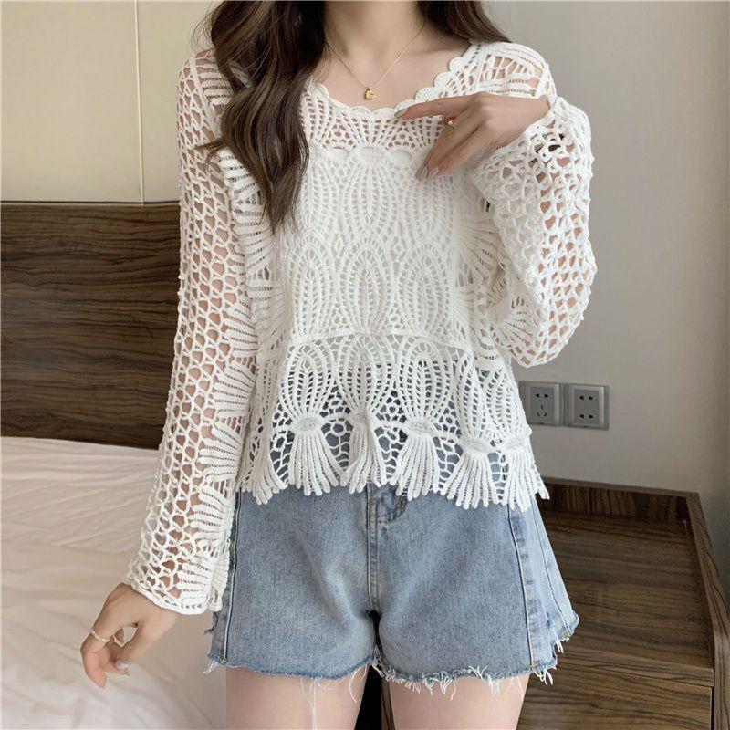 Hohlstrickbluse für Damen, Sommer, locker, dünn, Sonnenschutz, Klimaanlage, Hemd, einfarbig, schick, Spitze, kurzes Oberteil