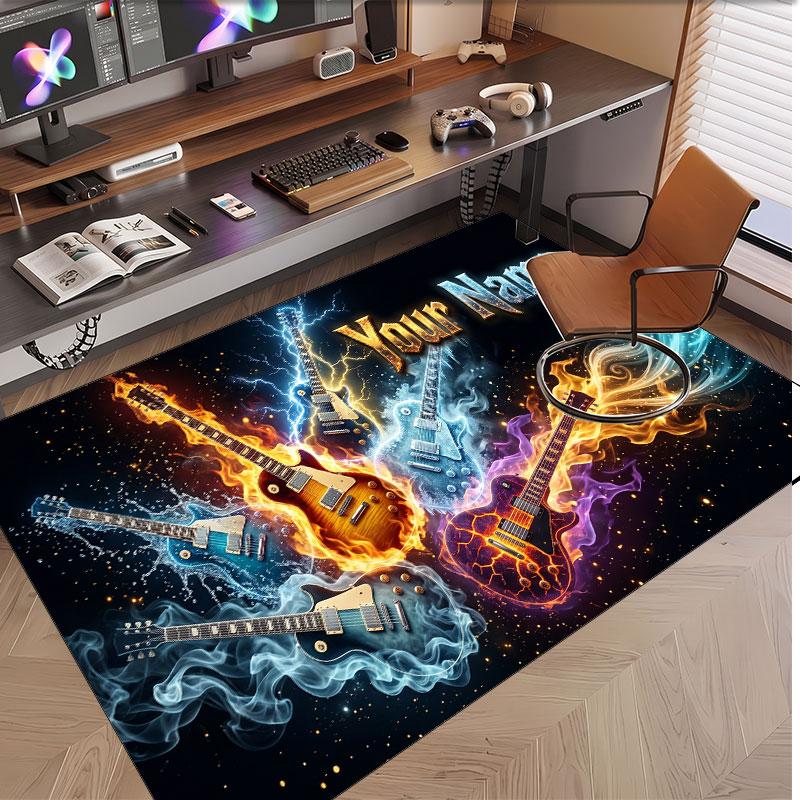 Music Guitar Theme Soft Crystal Velvet Rug Custom Name & Text Print Non Slip Floor Rug for Bedroom Living Room