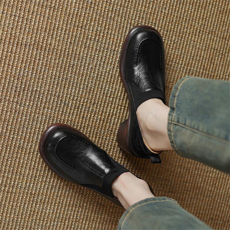 Fashion New Autumn Genuine Leather Women Pumps Fashion Round Toe Shoes for Women Chunky Heel Loafers Zapatos De Mujer Women Shoes Brown