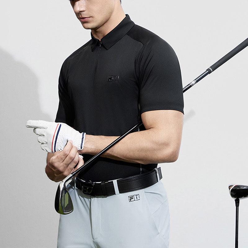 FILA Golf Series Letter Print Knitted Golf Elite Short Sleeve Polo Shirt Men Polo Shirts Deep-Black A11M415104F-BK
