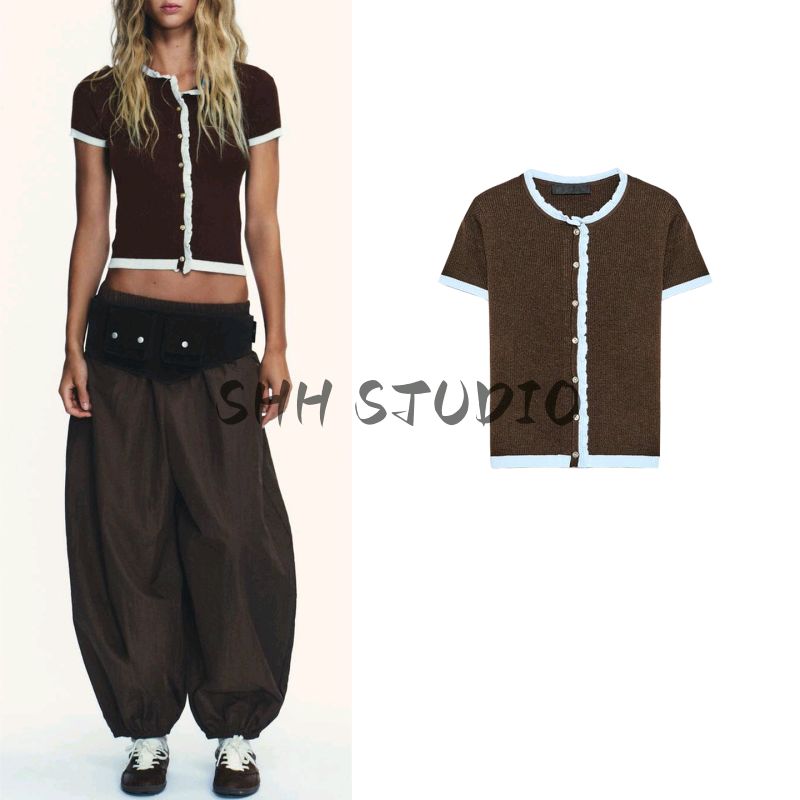 Autumn New Women's Clothing Idle Style Button Decoration Slim-Fit Contrast Colors Knitting round Neck Short Sleeve Jacket 0014114