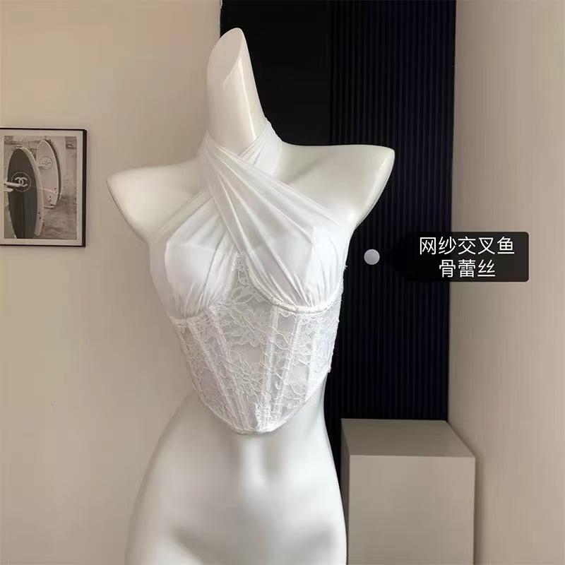 

American Korean version design fish bone lace bra hanging neck backless multi-wearing sexy vest tube top short trendy XS белый