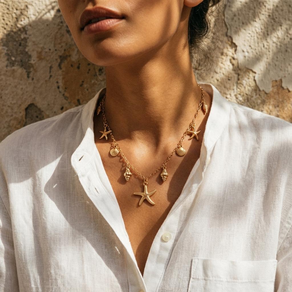 Starfish Conch Choker Necklace Ocean Theme Sea Shell Short Collarbone Chain Summer Beach Vacation Jewelry for Women