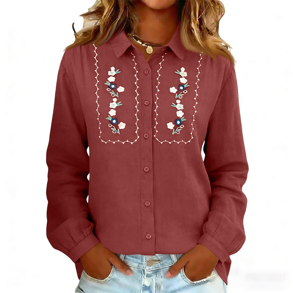 Women's Embroidery Floral Shirts Fashion Button Down Lapel Long Sleeves Casual Comfy Shirt Blouse Tops