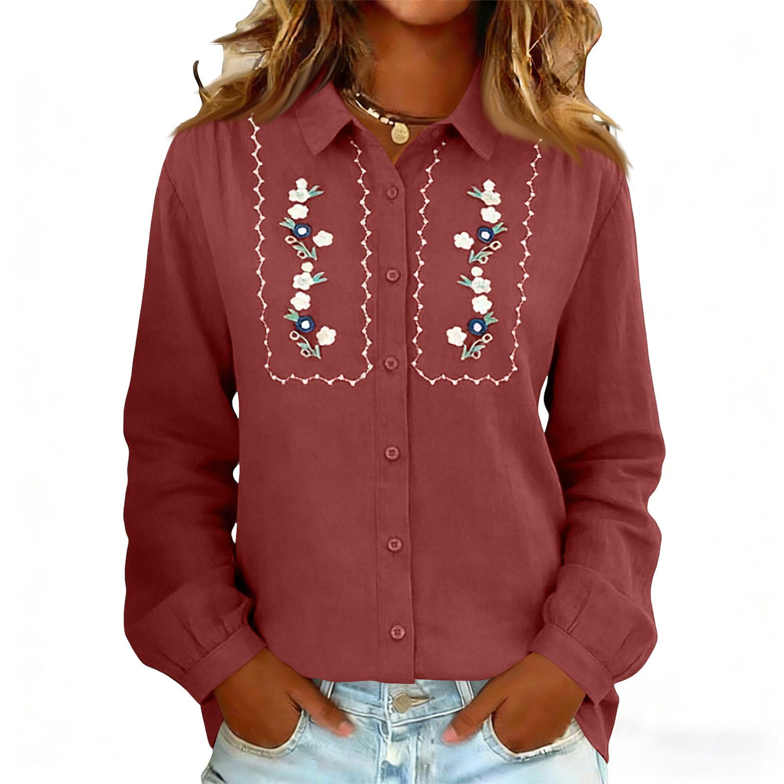 

Women s Embroidery Floral Shirts Fashion Button Down Lapel Long Sleeves Casual Comfy Shirt Blouse Tops S червоний