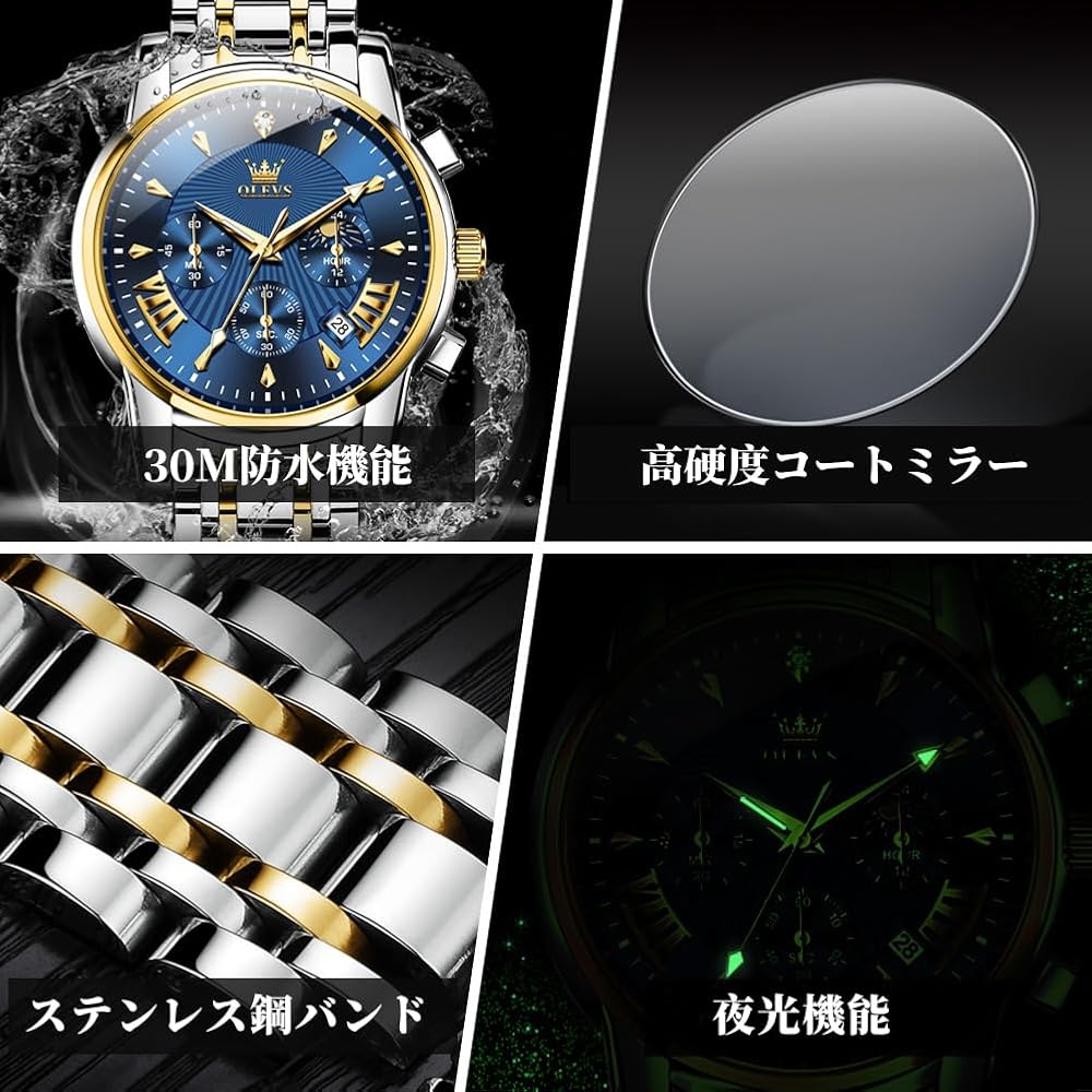 OLEVS Men's Chronograph Watch Blue Analog Waterproof Quartz Business Style Large Display