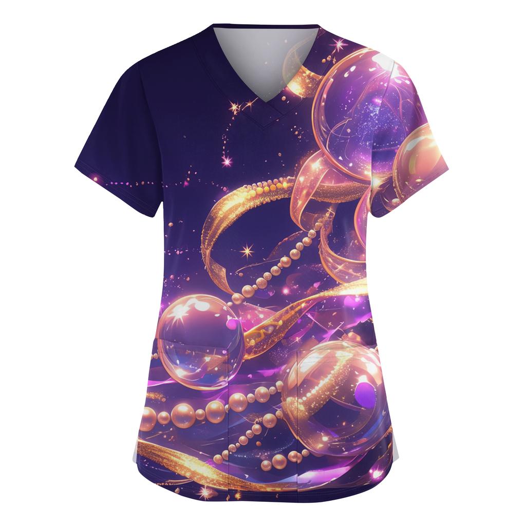 Women's Fashionable V-neck Workwear Printed Short Sleeved Pocket Side Slit Workwear Basic Pullover Top