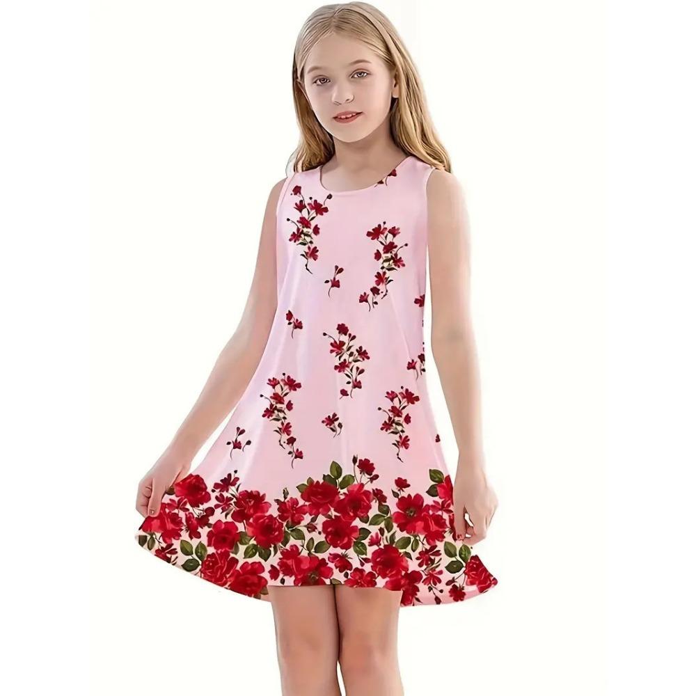 Frühling und Sommer neues ärmelloses Rundhals-Westenkleid für Mädchen, niedliches Prinzessinnenkleid, 3D-Digitaldruckmuster