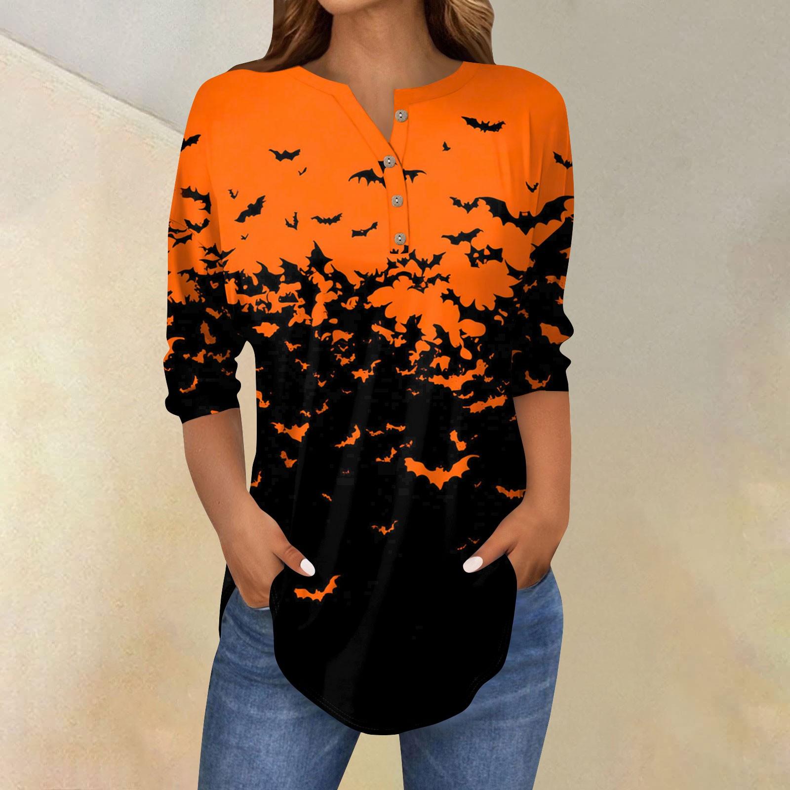 

Women s Fashion Loose Button Collar Halloween Print Long Sleeve T-Shirt Top Pullover XL жовтий