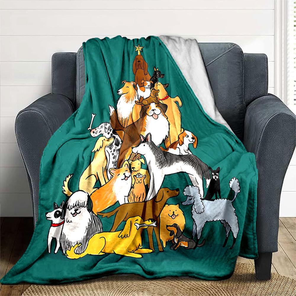 Dogs Christmas Tree Flannel Blanket Super Soft Warm Cozy Blanket For Sofa Bed Office Travel Allseason Home Decor Gift