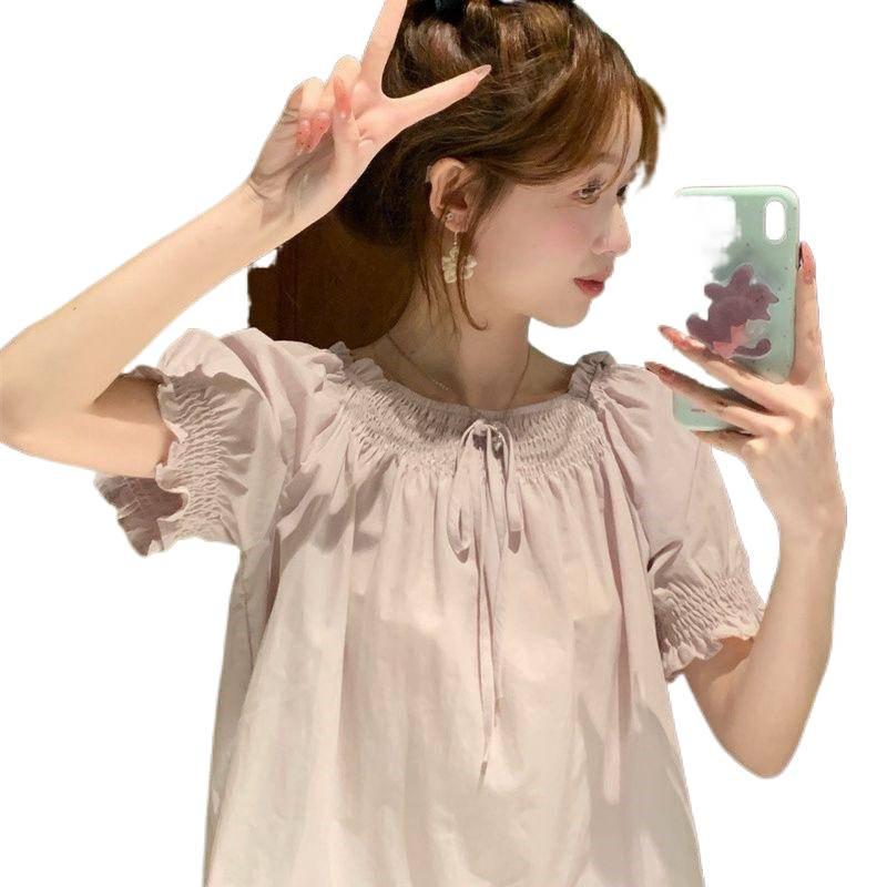 Versatile Bubble Sleeve Age-reducing Lace Edge Short-sleeved Shirt Women's Summer Lace-up Loose Top Bubble Sleeve Top Women's
