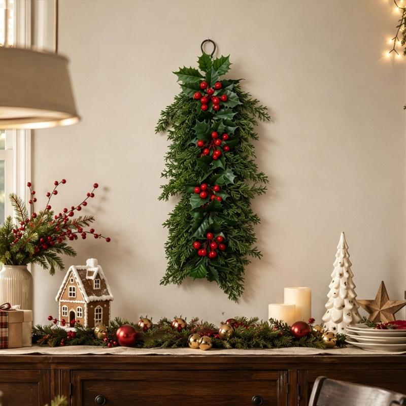 Indoor Seasonal Wall Decoration for Christmas Display with Artificial Plant Red Fruit Detail and Hanging Loop Placement Use