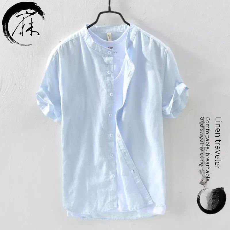 Men's Summer White Linen Shirt - Short-Sleeve, Stand-Up Collar, Japanese Business Casual Style, Loose Fit.