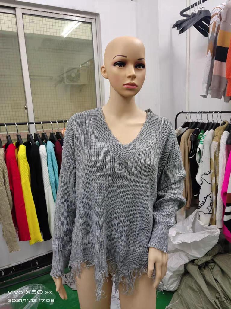 2022 Off-Shoulder Loose Knit Sweater with Deep V-Neck and Tassel Details