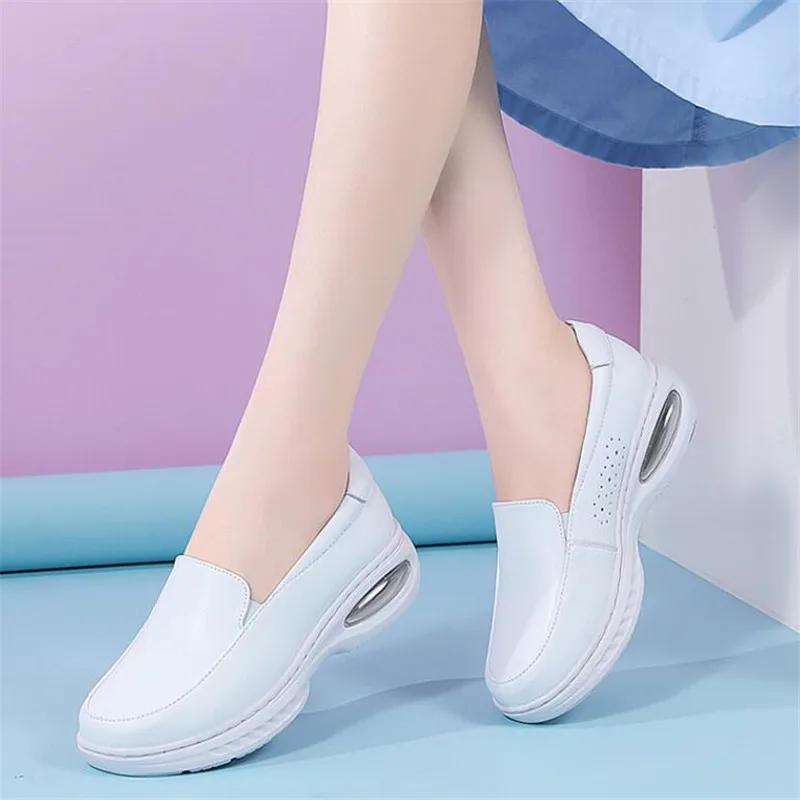 Genuine Leather Women Loafers Wedge Air Cushion Casual Walking Shoes Nurse Work Flats Breathable Comfort Nursing Shoes Soft Sole
