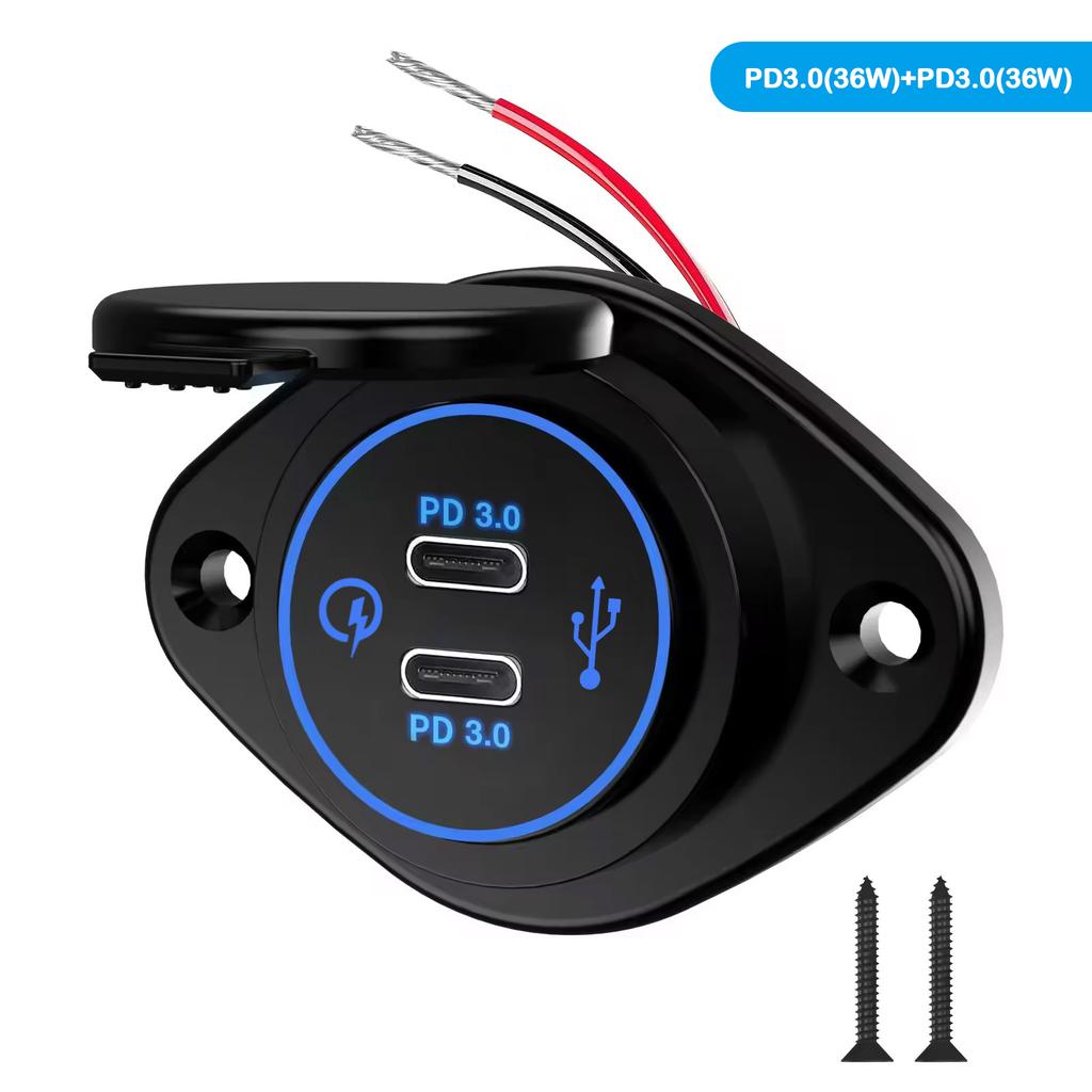 12V Quick Charge 3.0 Dual USB C Charger Power Socket Adapter Fast Charging Panel Wall Mount Outlet for Motorbike Car Boat Camper