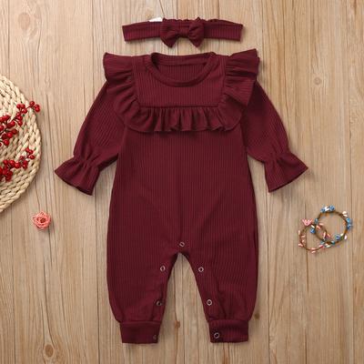 (SU)Neugeborenen Baby Jungen Mädchen Solide Rüschen Strampler Overall Stirnband Outfits Set